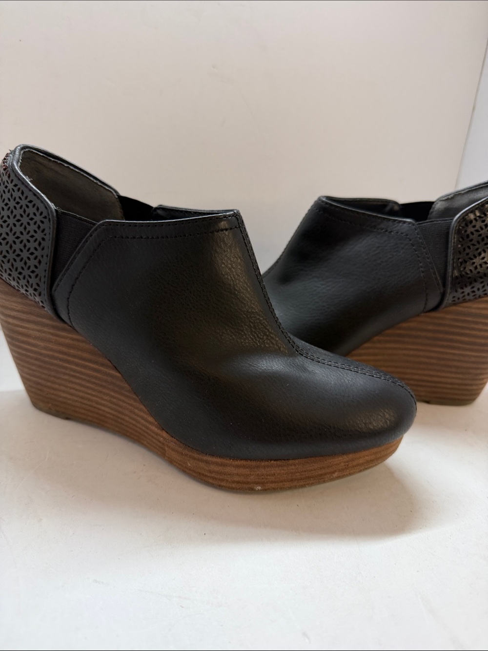 Dr. Scholl's Black Leather Wedge Clogs with Wood-Effect Platform
